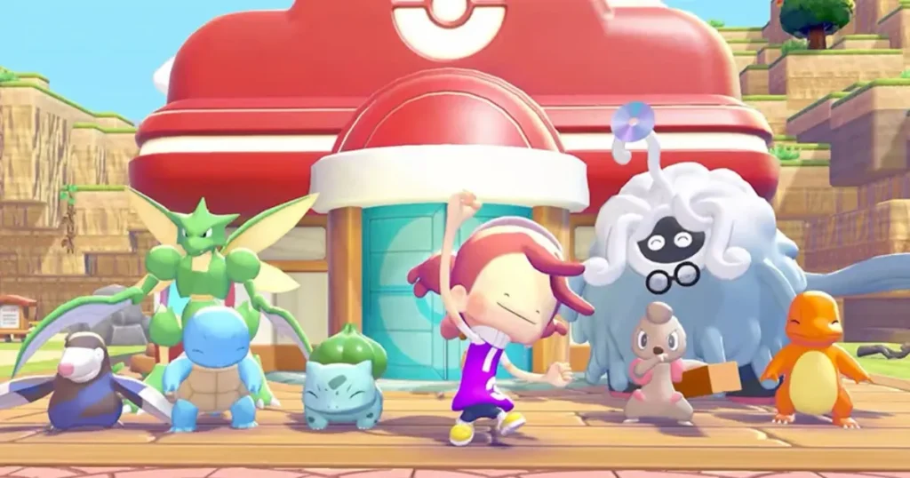 ポケモンセンターの前で主人公とポケモン達が集結