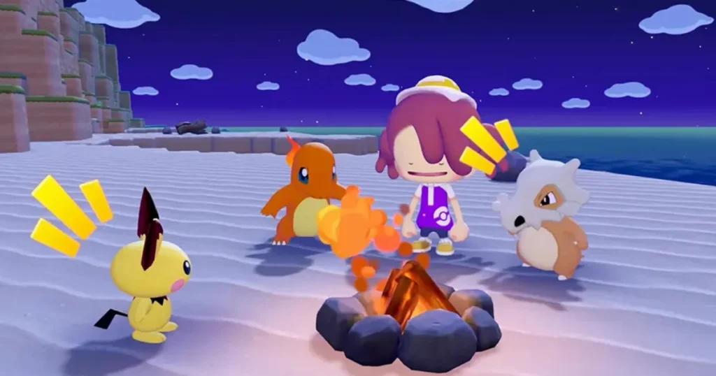 複数のポケモンと焚き火